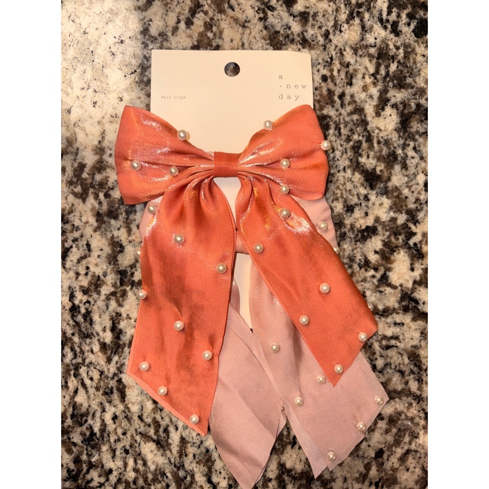 A New Day 2 Pack Faux Pearl Satin Bow Hair Clips Pink Coral NWT